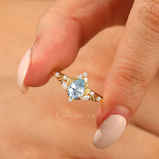 Dainty Pear Cut Aquamarine Engagement Ring Solid Yellow Gold Leaf Engraved Women Ring