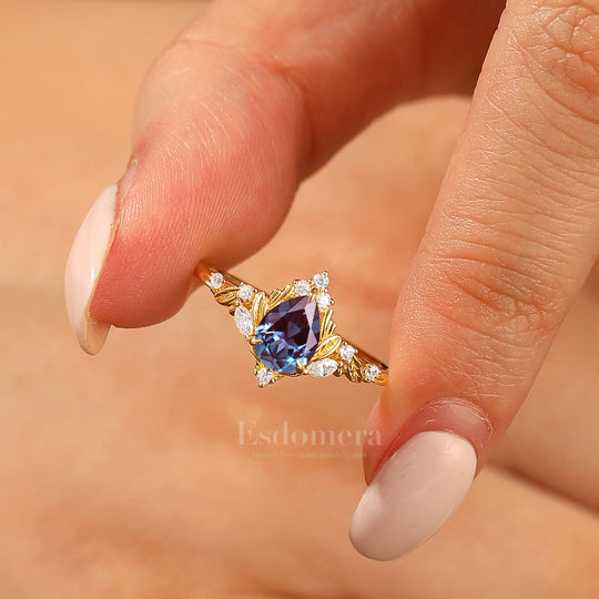 Dainty Pear Cut Alexandrite Engagement Ring Solid Yellow Gold Leaf Engraved Women Ring