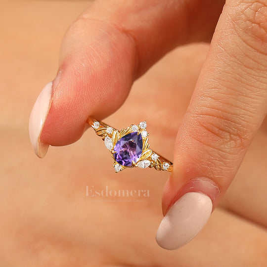 Dainty Pear Cut Amethyst Engagement Ring Solid Yellow Gold Leaf Engraved Women Ring