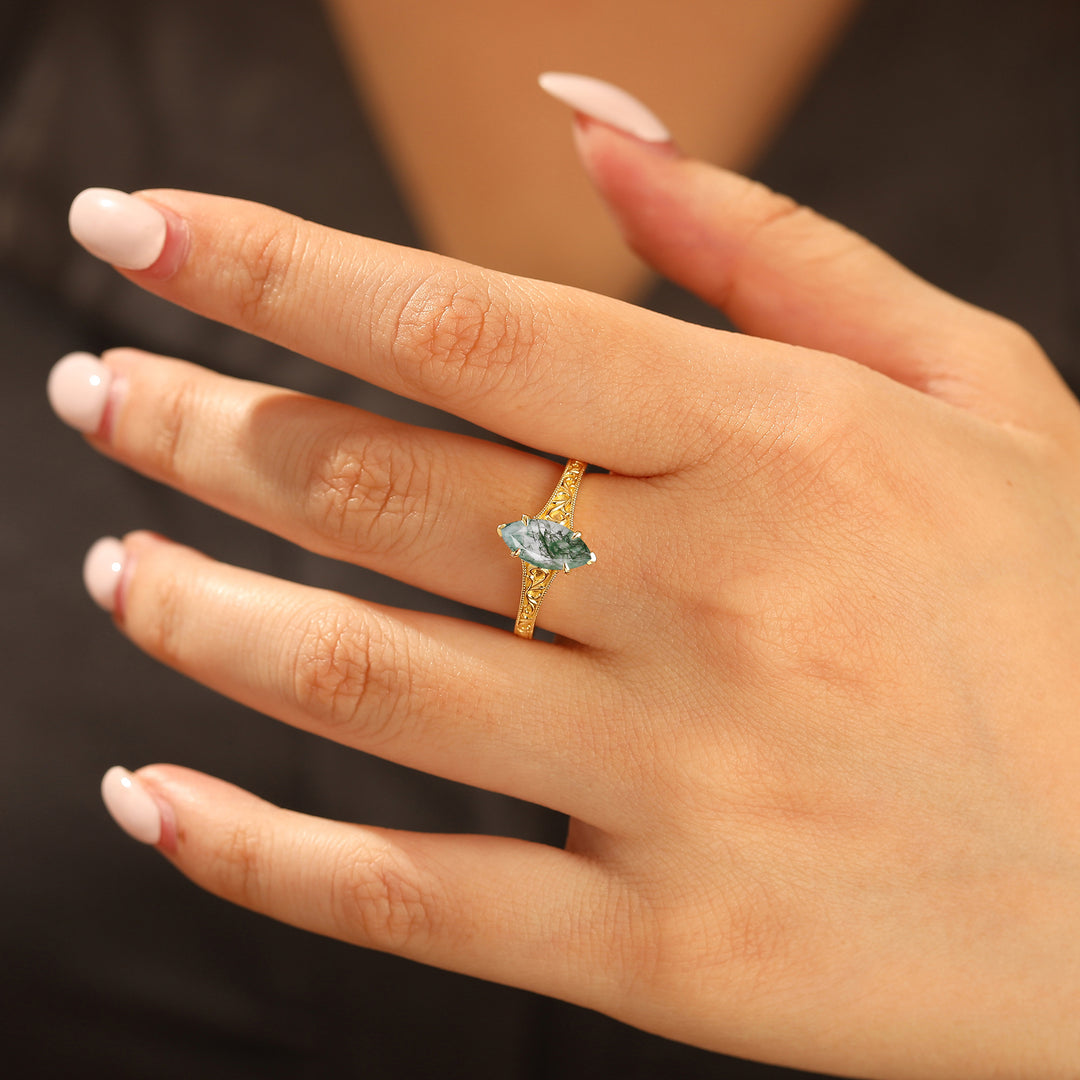 14K Vintage Marquise Solitaire Yellow Gold Natural Moss Agate Engagement Ring Filigree Wedding Ring
