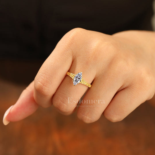 14K Vintage Marquise Solitaire Lab Grown Diamond Engagement Ring Yellow Gold Filigree Wedding RingYellow Gold 1CT Ring Marquise Cut Wedding Ring (IGI Certified)
