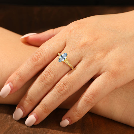 14K Vintage Solitario Marquise in Oro Giallo con Acquamarina Anello di Fidanzamento Anello Nuziale Filigrana