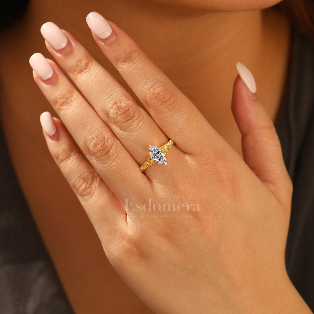 14K Vintage Marquise Solitaire Lab Grown Diamond Engagement Ring Yellow Gold Filigree Wedding RingYellow Gold 1CT Ring Marquise Cut Wedding Ring (IGI Certified)
