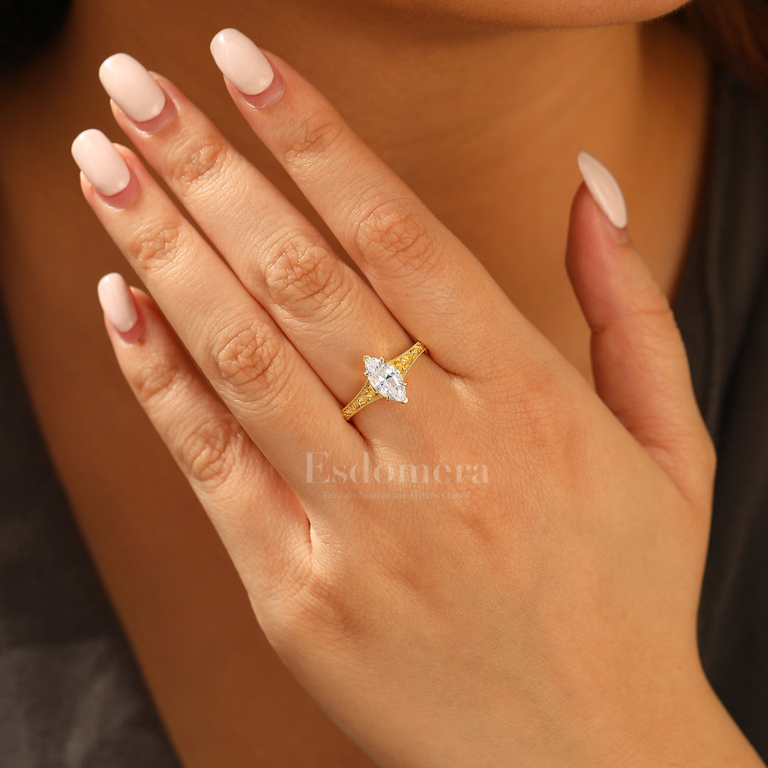 14K Vintage Marquise Solitaire Yellow Gold Moissanite Engagement Ring Filigree Wedding Ring