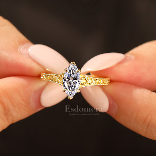14K Vintage Marquise Solitaire Lab Grown Diamond Engagement Ring Yellow Gold Filigree Wedding RingYellow Gold 1CT Ring Marquise Cut Wedding Ring (IGI Certified)