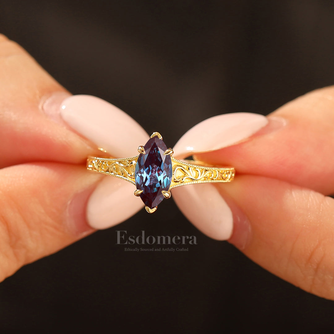 14K Vintage Marquise Solitaire Yellow Gold Alexandrite Engagement Ring Filigree Wedding Ring