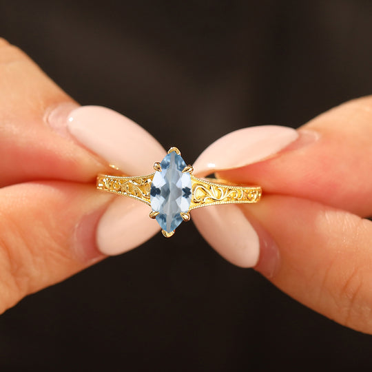 14K Vintage Solitario Marquise in Oro Giallo con Acquamarina Anello di Fidanzamento Anello Nuziale Filigrana