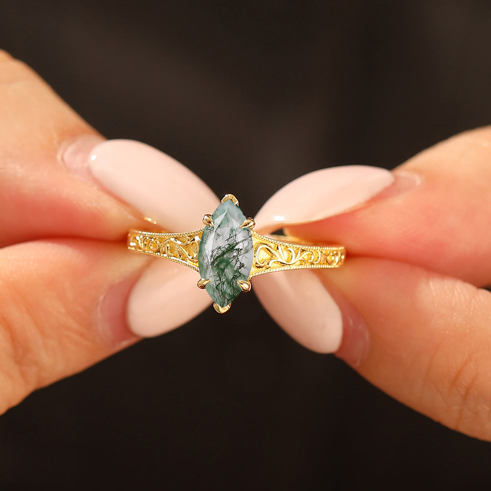 14K Vintage Marquise Solitaire Yellow Gold Natural Moss Agate Engagement Ring Filigree Wedding Ring