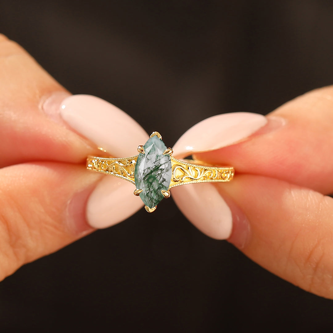 14K Vintage Marquise Solitaire Yellow Gold Natural Moss Agate Engagement Ring Filigree Wedding Ring