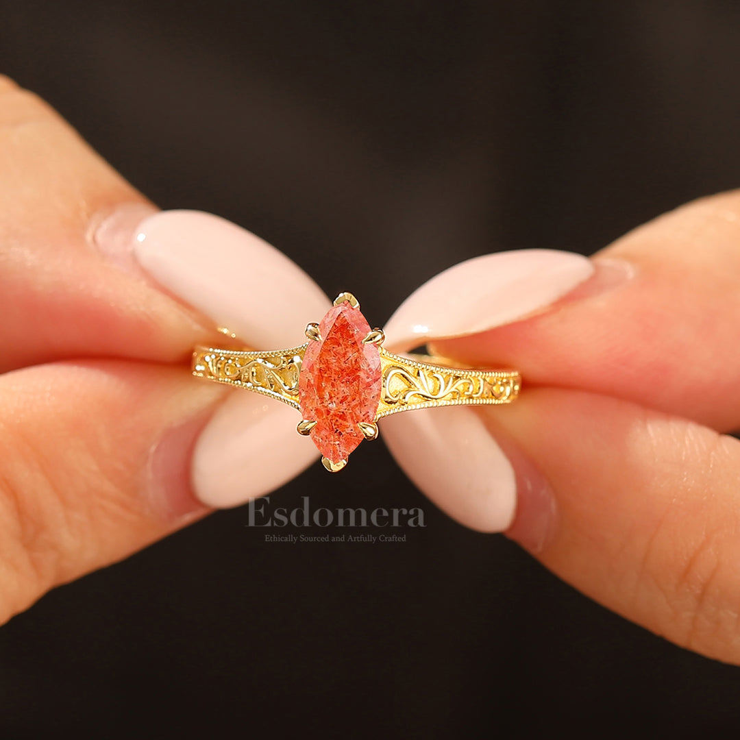 14K Vintage Marquise Solitaire Yellow Gold Natural Sunstone Engagement Ring Filigree Wedding Ring