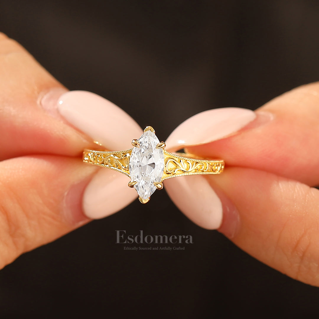 14K Vintage Marquise Solitaire Yellow Gold Moissanite Engagement Ring Filigree Wedding Ring