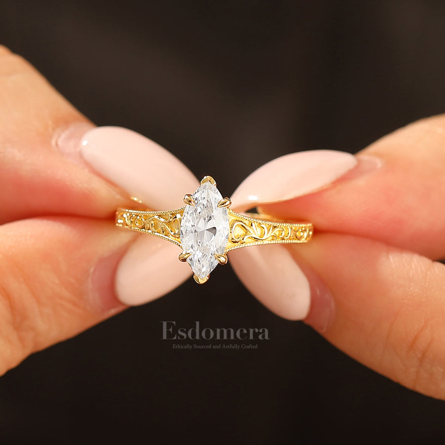14K Vintage Marquise Solitaire Yellow Gold Moissanite Engagement Ring Filigree Wedding Ring