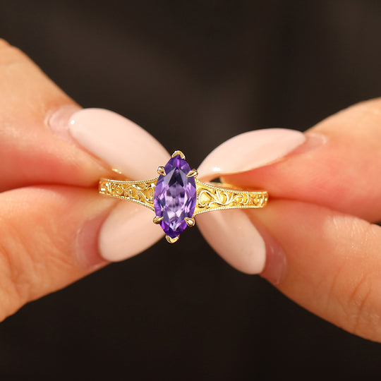 14K Vintage Marquise Solitaire Yellow Gold Natural Amethyst Engagement Ring Filigree Wedding Ring