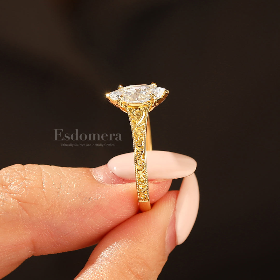 14K Vintage Marquise Solitaire Yellow Gold Moissanite Engagement Ring Filigree Wedding Ring