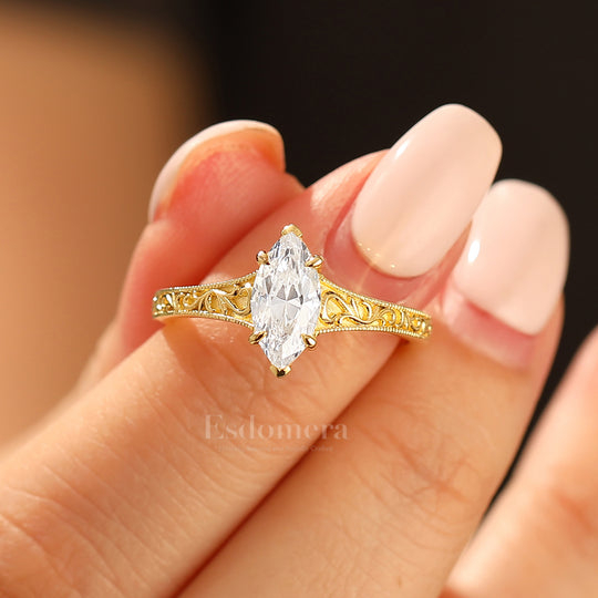 14K Vintage Marquise Solitaire Yellow Gold Moissanite Engagement Ring Filigree Wedding Ring