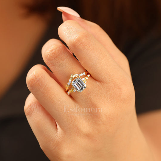 Vintage Leaf Emerald Lab Diamond Wedding Ring Set 2pcs 14K Gold Lab Grown Diamond Women Ring (IGI Certified)