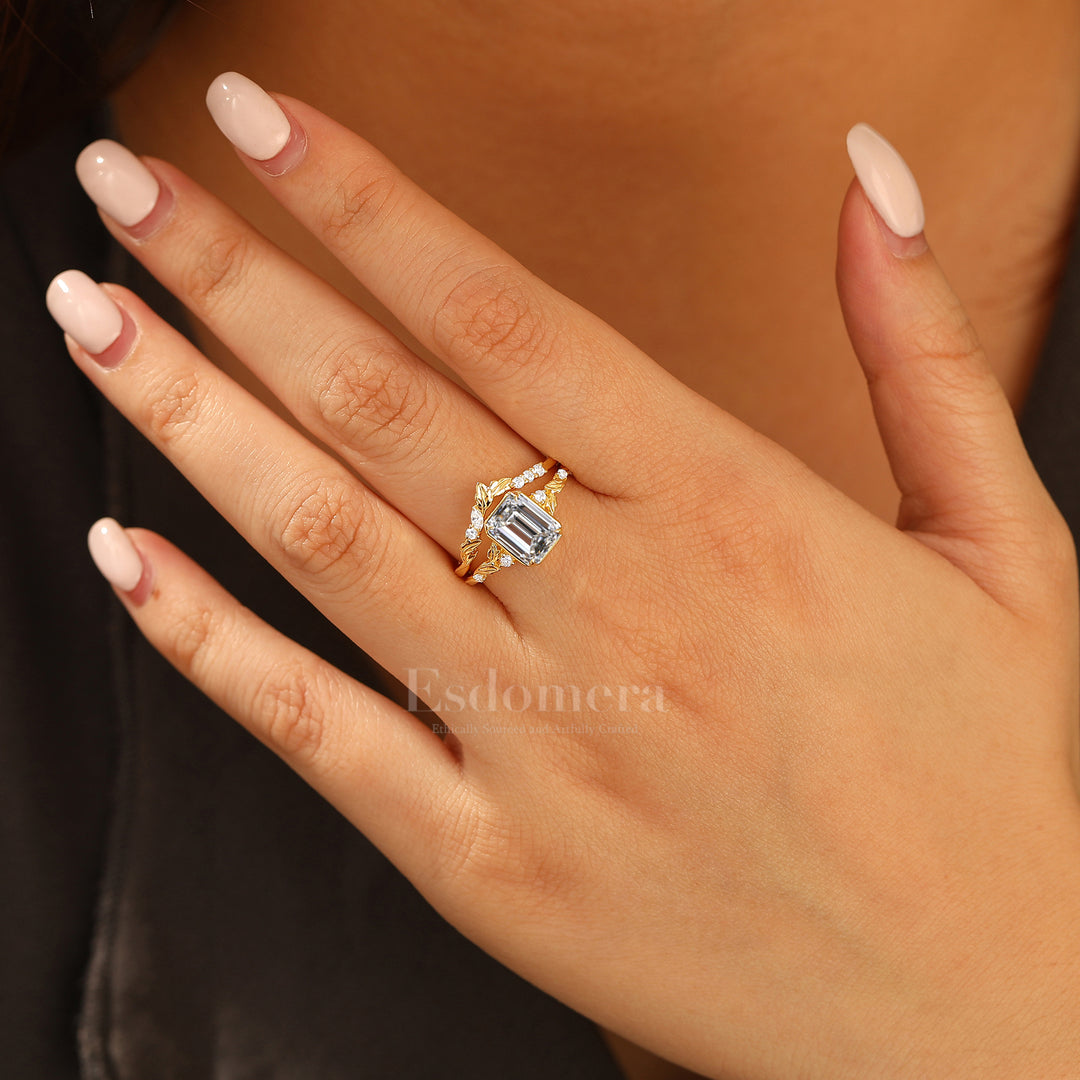 Vintage Leaf Emerald Lab Diamond Wedding Ring Set 2pcs 14K Gold Lab Grown Diamond Women Ring (IGI Certified)