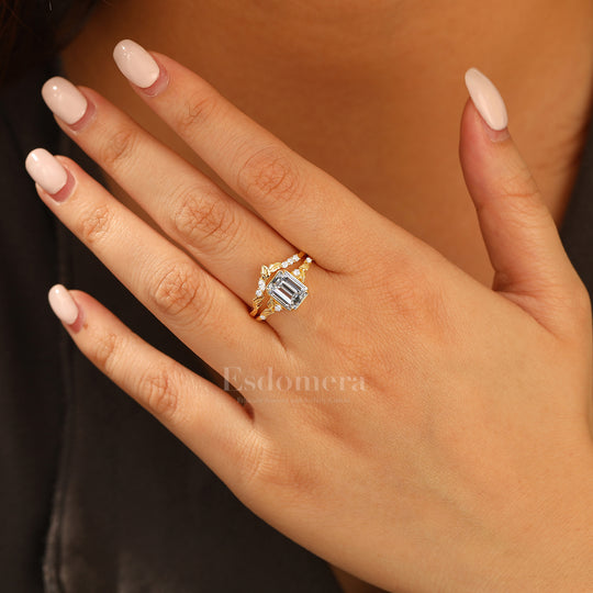 Vintage Leaf Emerald Lab Diamond Wedding Ring Set 2pcs 14K Gold Lab Grown Diamond Women Ring (IGI Certified)