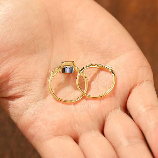 Vintage Leaf Emerald Lab Diamond Wedding Ring Set 2pcs 14K Gold Lab Grown Diamond Women Ring (IGI Certified)