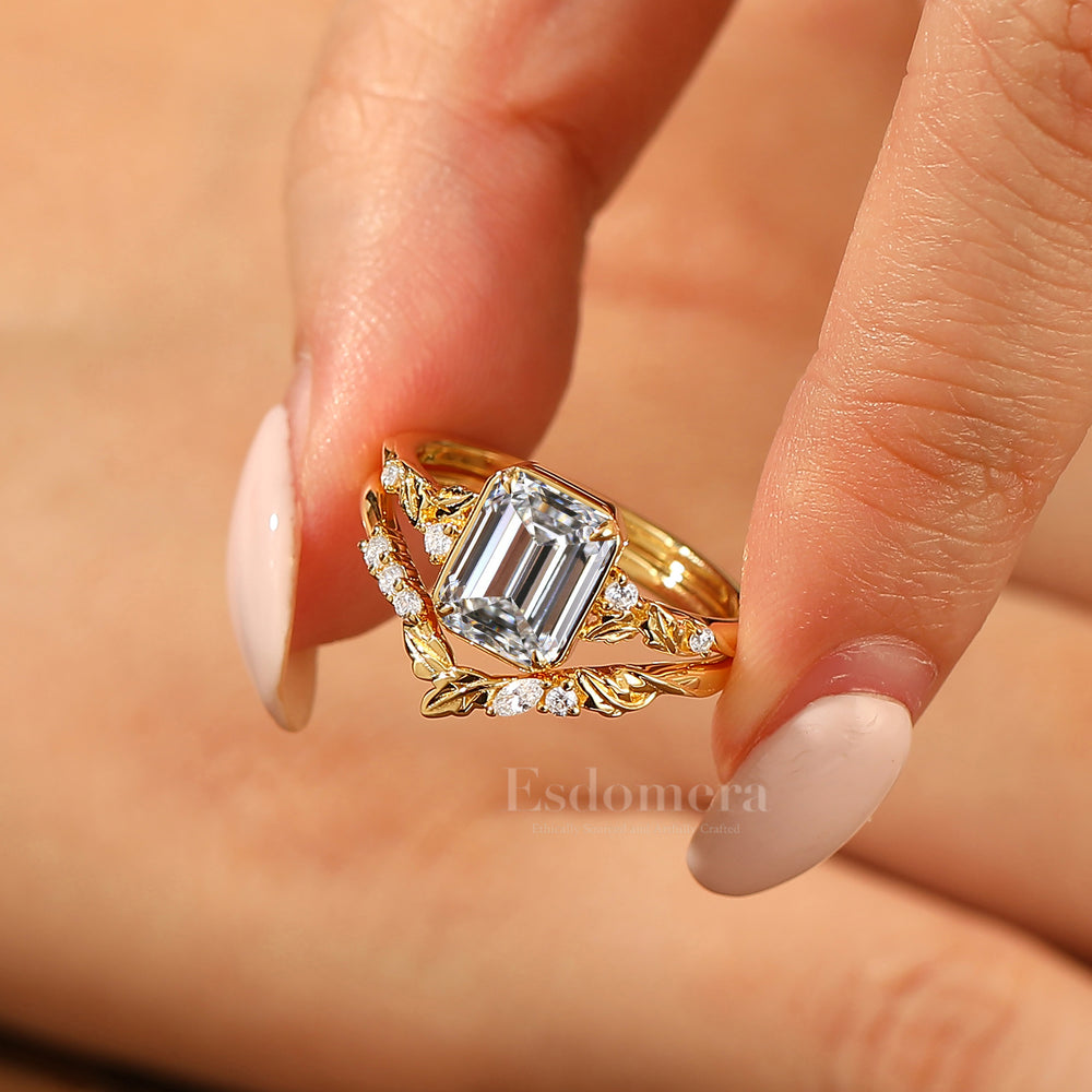 Vintage Leaf Emerald Lab Diamond Wedding Ring Set 2pcs 14K Gold Lab Grown Diamond Women Ring (IGI Certified)