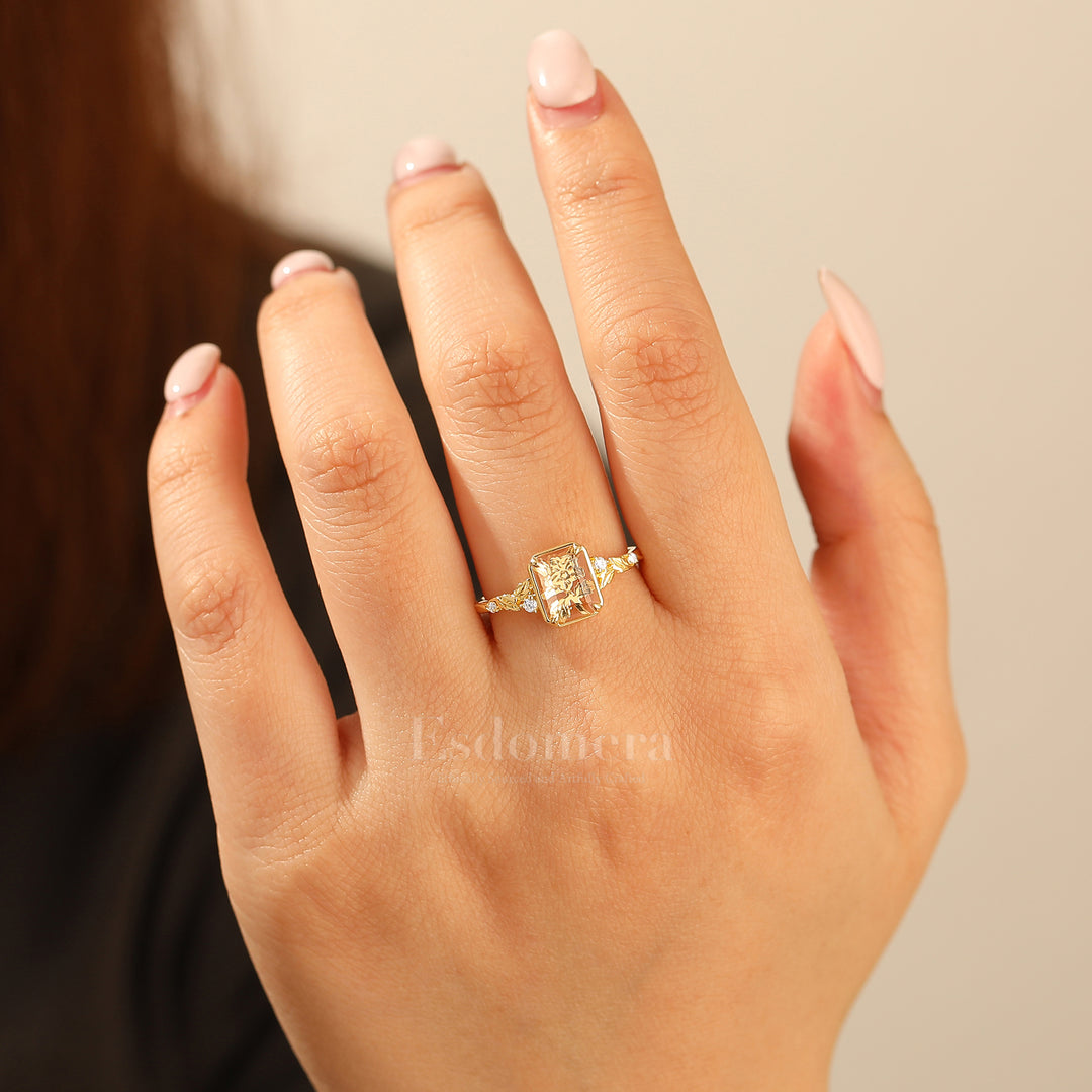 Floral Engraved Flat-bottomed Moissanite Bridal Ring Natural Inspired Leaf Moissanite Women Ring