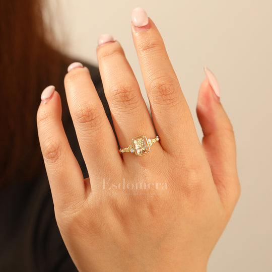 Floral Engraved Flat-bottomed Moissanite Bridal Ring Natural Inspired Leaf Moissanite Women Ring