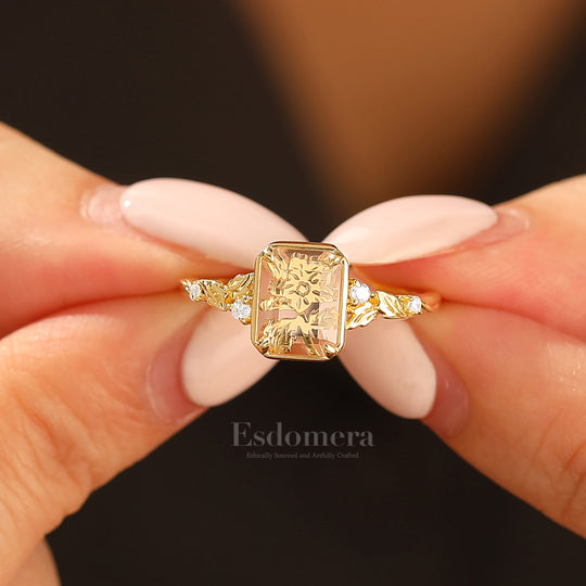 Floral Engraved Flat-bottomed Moissanite Bridal Ring Natural Inspired Leaf Moissanite Women Ring