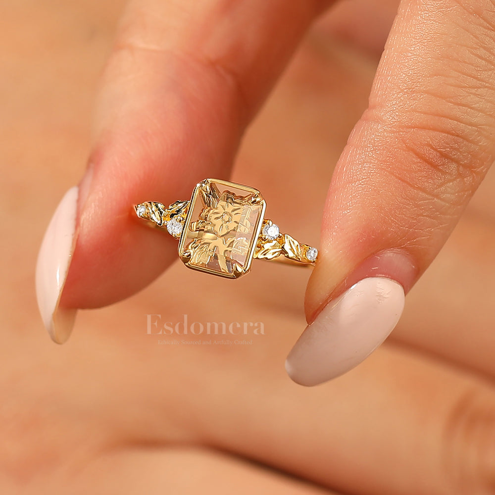 Floral Engraved Flat-bottomed Moissanite Bridal Ring Natural Inspired Leaf Moissanite Women Ring