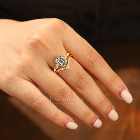 Leaf Inspired Juego de Anillos Nupciales con Diamantes de Laboratorio 2CT, Oro Macizo 14K, Corte Esmeralda (Certificado IGI)