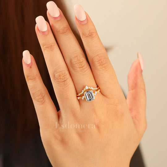 Leaf Inspired Juego de Anillos Nupciales con Diamantes de Laboratorio 2CT, Oro Macizo 14K, Corte Esmeralda (Certificado IGI)