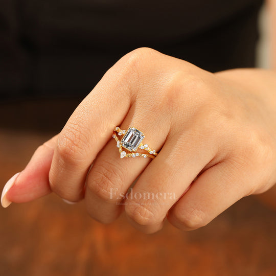 Leaf Inspired Juego de Anillos Nupciales con Diamantes de Laboratorio 2CT, Oro Macizo 14K, Corte Esmeralda (Certificado IGI)