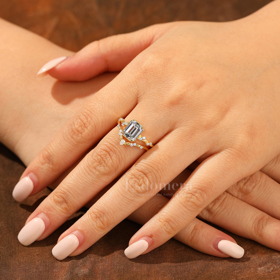 Leaf Inspired Juego de Anillos Nupciales con Diamantes de Laboratorio 2CT, Oro Macizo 14K, Corte Esmeralda (Certificado IGI)