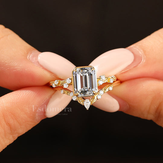 Leaf Inspired Juego de Anillos Nupciales con Diamantes de Laboratorio 2CT, Oro Macizo 14K, Corte Esmeralda (Certificado IGI)