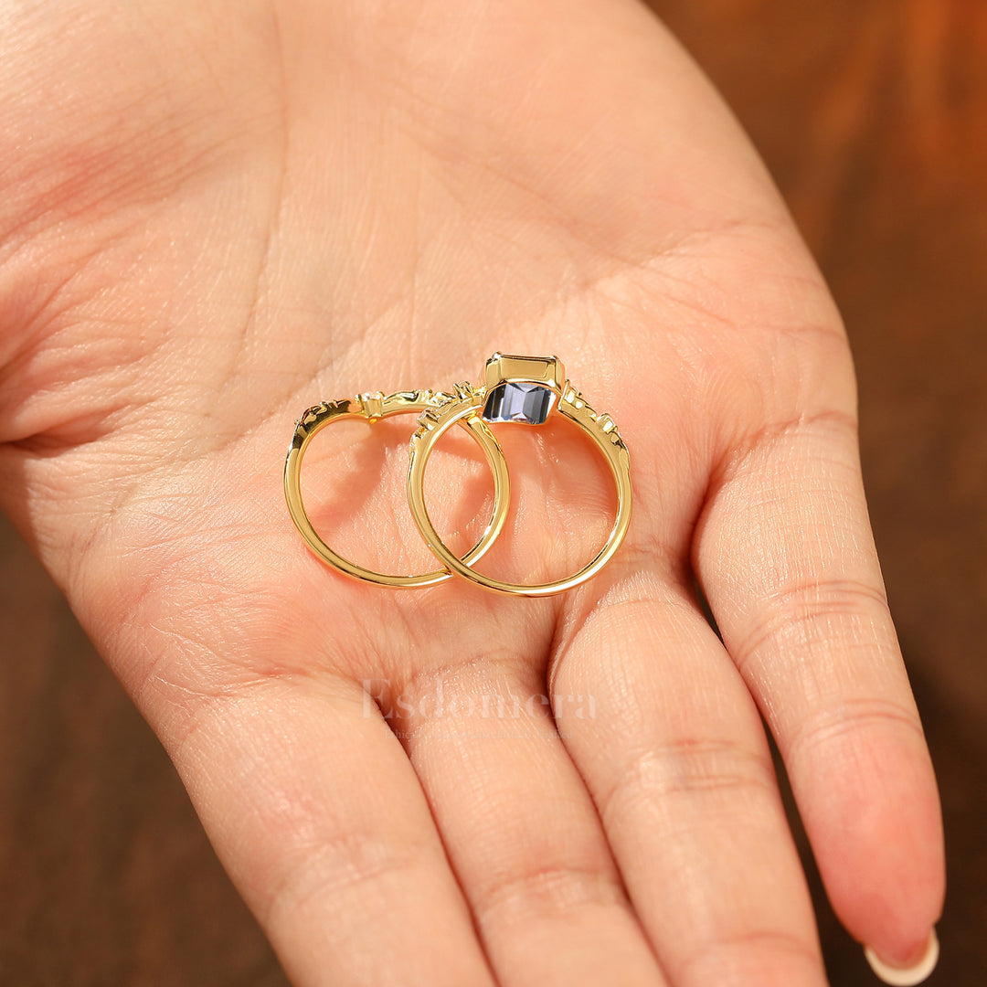 Leaf Inspired Juego de Anillos Nupciales con Diamantes de Laboratorio 2CT, Oro Macizo 14K, Corte Esmeralda (Certificado IGI)