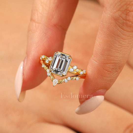 Leaf Inspired Juego de Anillos Nupciales con Diamantes de Laboratorio 2CT, Oro Macizo 14K, Corte Esmeralda (Certificado IGI)