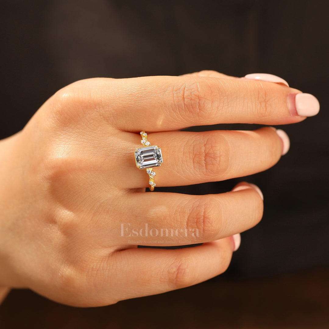 Art déco Feuille Design Bague de fiançailles Diamant taillé émeraude cultivé en laboratoire Bague en or massif 14 carats Diamant de laboratoire pour elle (certifié IGI)