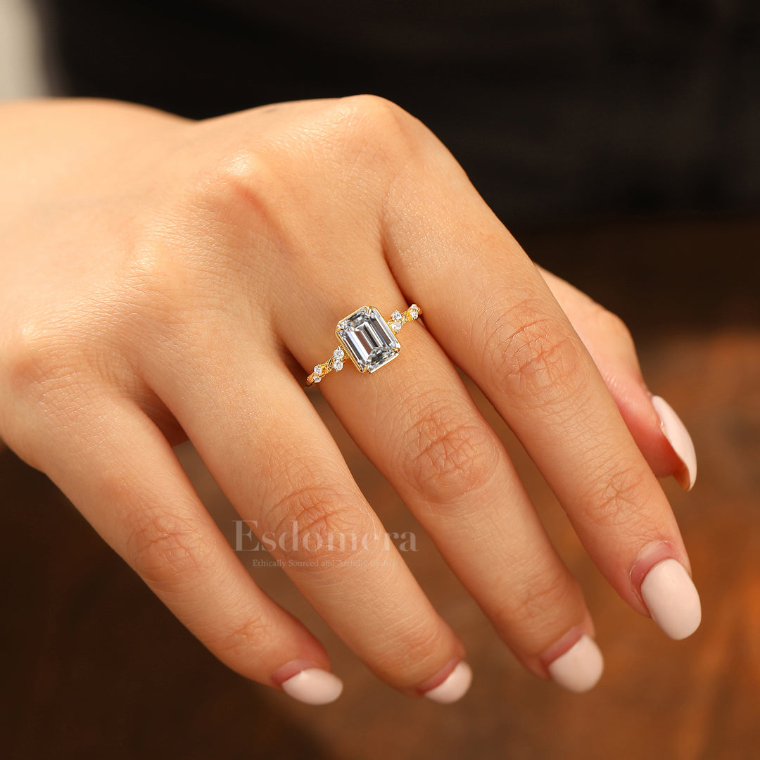 Art déco Feuille Design Bague de fiançailles Diamant taillé émeraude cultivé en laboratoire Bague en or massif 14 carats Diamant de laboratoire pour elle (certifié IGI)