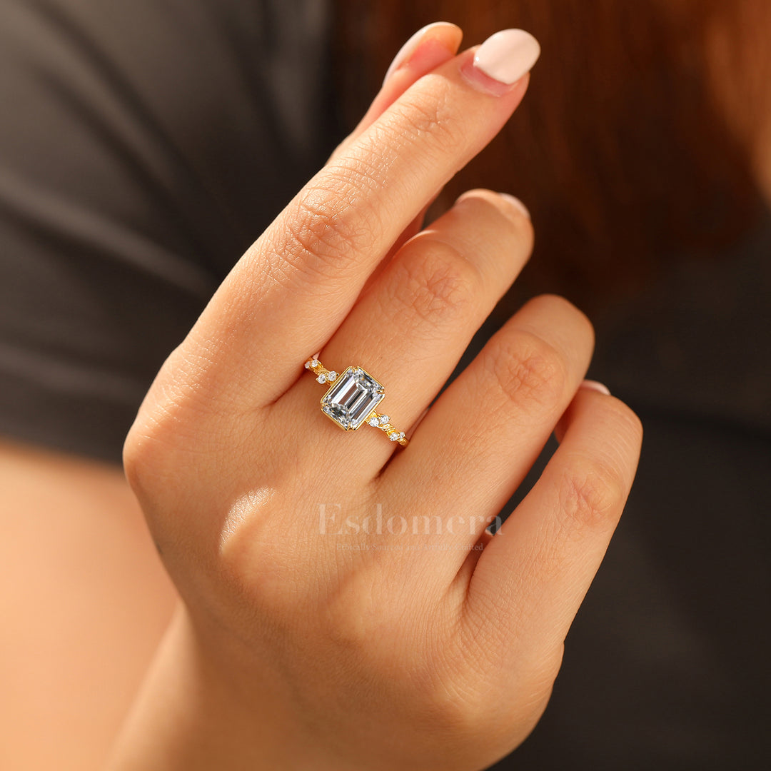 Art déco Feuille Design Bague de fiançailles Diamant taillé émeraude cultivé en laboratoire Bague en or massif 14 carats Diamant de laboratoire pour elle (certifié IGI)