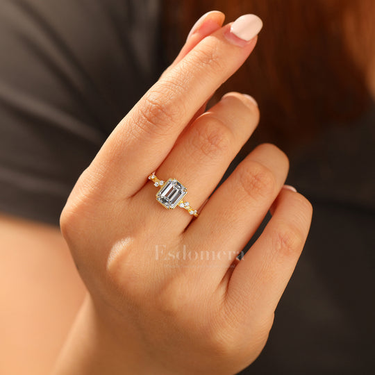 Art déco Feuille Design Bague de fiançailles Diamant taillé émeraude cultivé en laboratoire Bague en or massif 14 carats Diamant de laboratoire pour elle (certifié IGI)