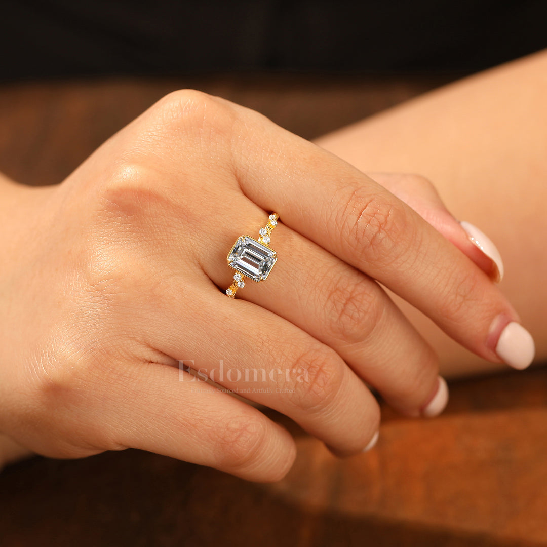 Art déco Feuille Design Bague de fiançailles Diamant taillé émeraude cultivé en laboratoire Bague en or massif 14 carats Diamant de laboratoire pour elle (certifié IGI)