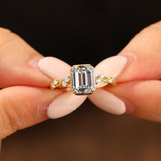 Art déco Feuille Design Bague de fiançailles Diamant taillé émeraude cultivé en laboratoire Bague en or massif 14 carats Diamant de laboratoire pour elle (certifié IGI)