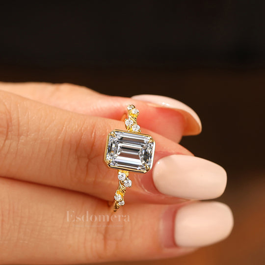 Art déco Feuille Design Bague de fiançailles Diamant taillé émeraude cultivé en laboratoire Bague en or massif 14 carats Diamant de laboratoire pour elle (certifié IGI)