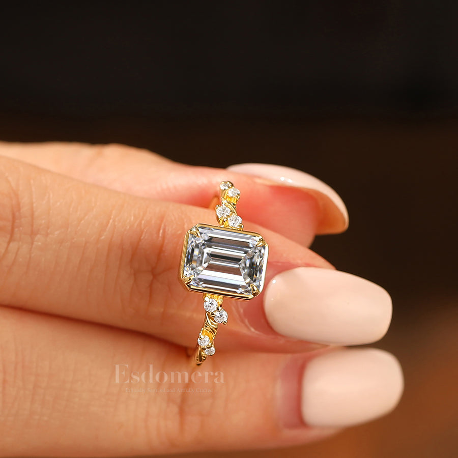 Art Deco Leaf Design Emerald Cut Lab Grown Diamond Bridal Ring 14K Solid Gold Lab Diamond Ring For Her (IGI Certified)