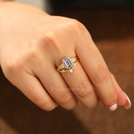 Art Deco Leaf Emerald Cut Lab Grown Diamond Engagement Ring Set Solid Yellow Gold Lab Diamond Rings (IGI Certified)
