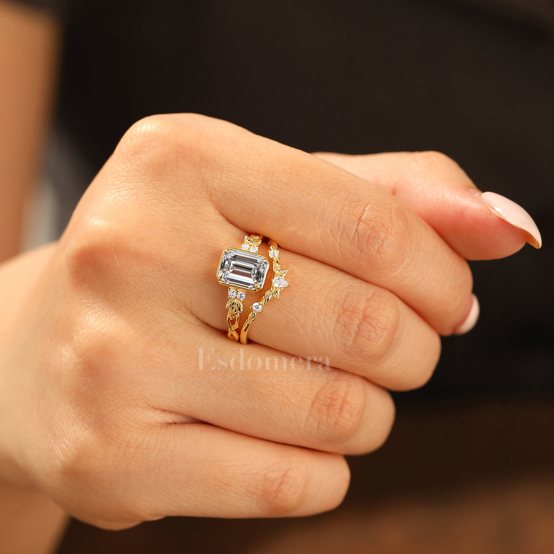 Art Deco Leaf Emerald Cut Lab Grown Diamond Engagement Ring Set Solid Yellow Gold Lab Diamond Rings (IGI Certified)