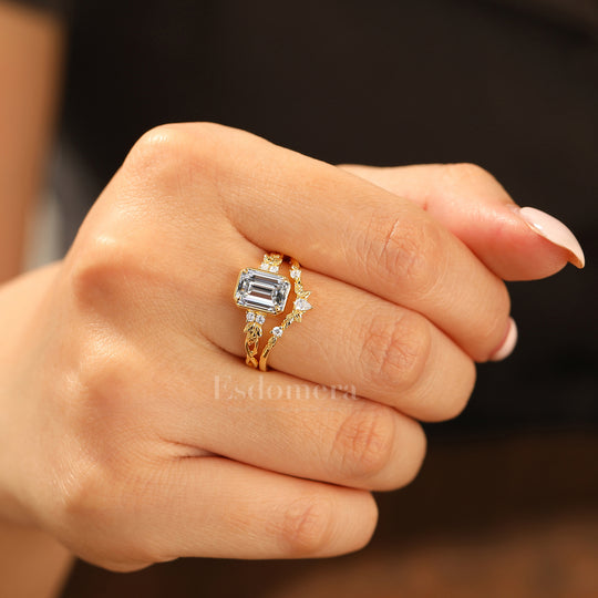 Art Deco Leaf Emerald Cut Lab Grown Diamond Engagement Ring Set Solid Yellow Gold Lab Diamond Rings (IGI Certified)