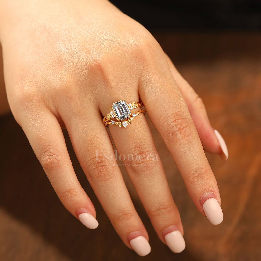 Art Deco Leaf Emerald Cut Lab Grown Diamond Engagement Ring Set Solid Yellow Gold Lab Diamond Rings (IGI Certified)