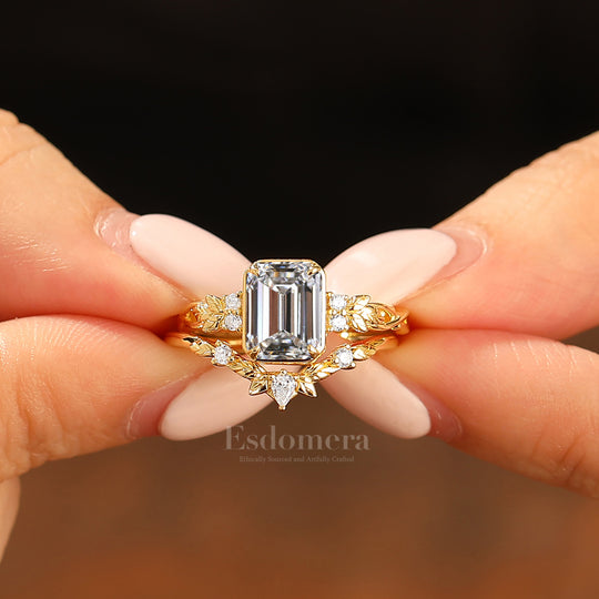 Art Deco Leaf Emerald Cut Lab Grown Diamond Engagement Ring Set Solid Yellow Gold Lab Diamond Rings (IGI Certified)