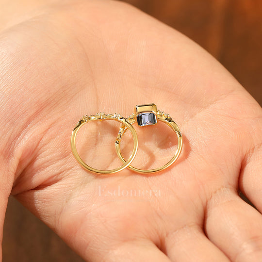 Art Deco Leaf Emerald Cut Lab Grown Diamond Engagement Ring Set Solid Yellow Gold Lab Diamond Rings (IGI Certified)