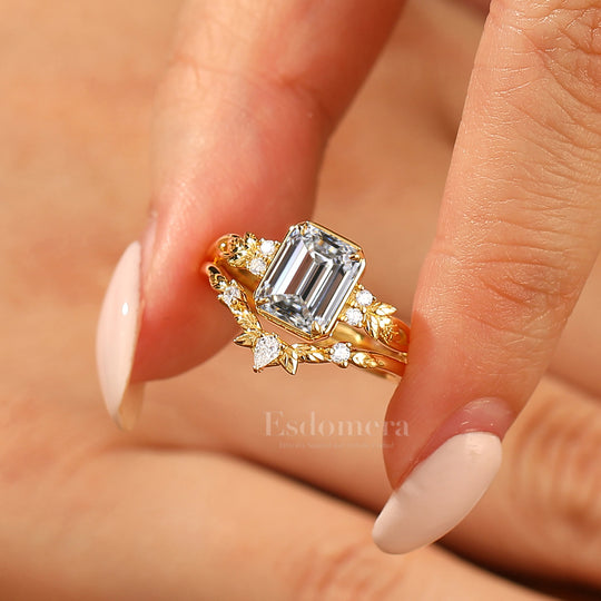 Art Deco Leaf Emerald Cut Lab Grown Diamond Engagement Ring Set Solid Yellow Gold Lab Diamond Rings (IGI Certified)